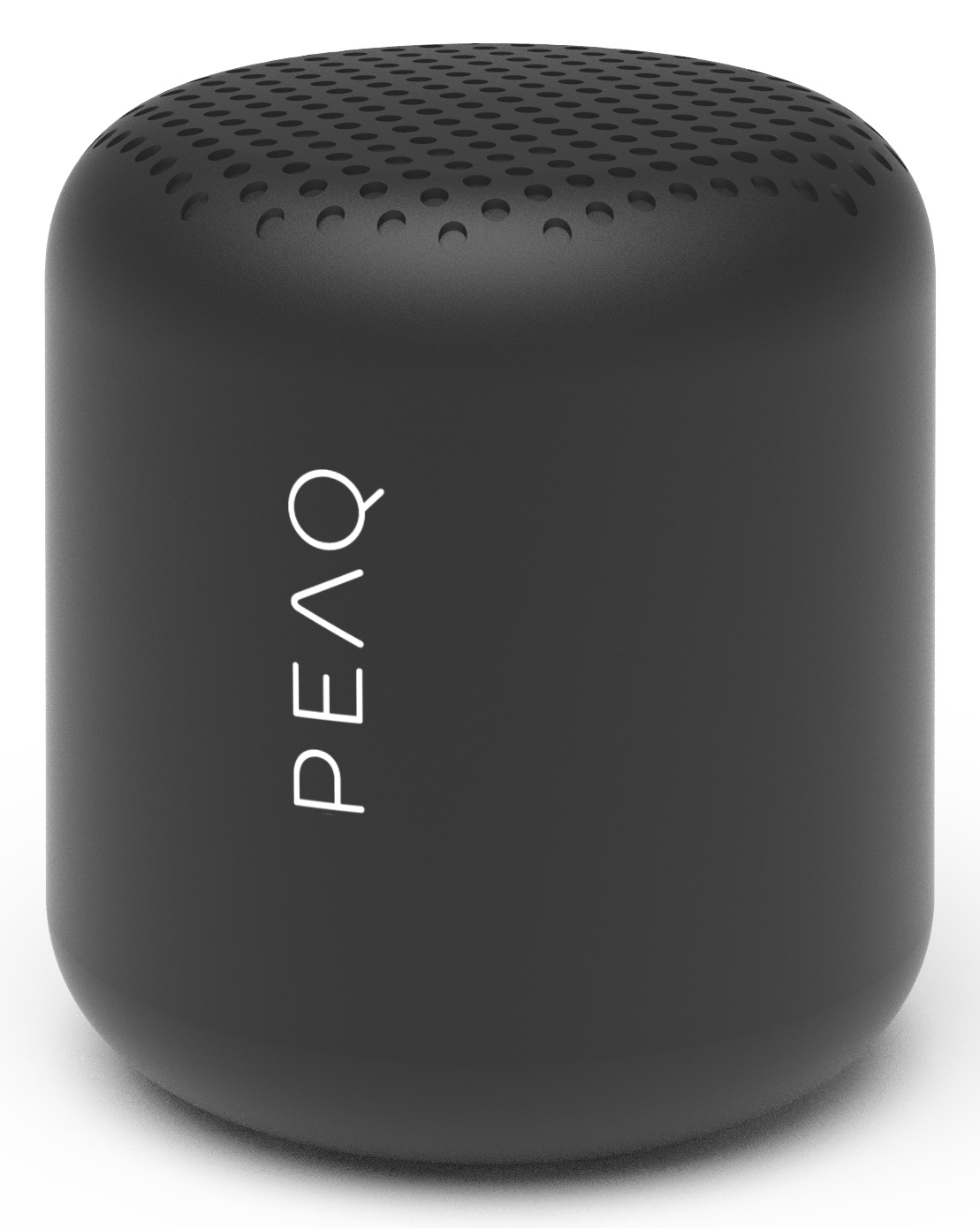 Czarny głośnik cylindryczny ze słowem PEAQ w kolorze białym. Ciemne tło.
