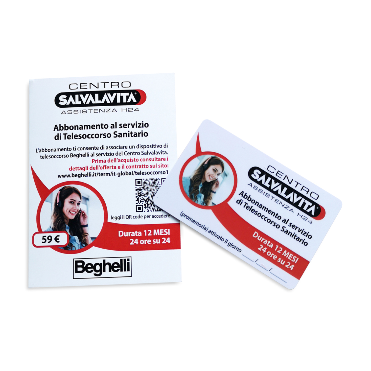 Due carte con testo Centro Salvalavita. Donna con cuffie sulle carte.