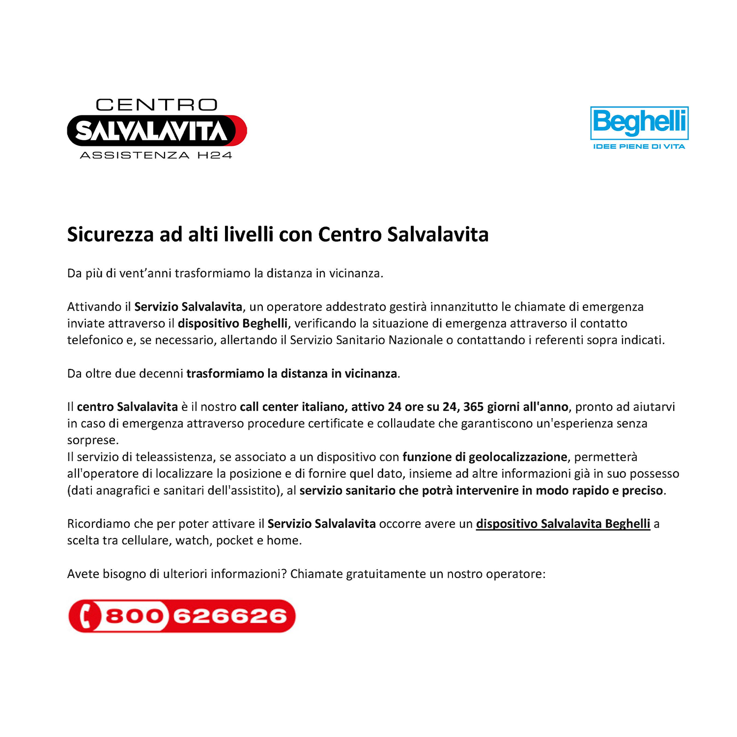 Testo e loghi di Centro Salvavita e Beghelli, promuovono assistenza e servizi di emergenza.
