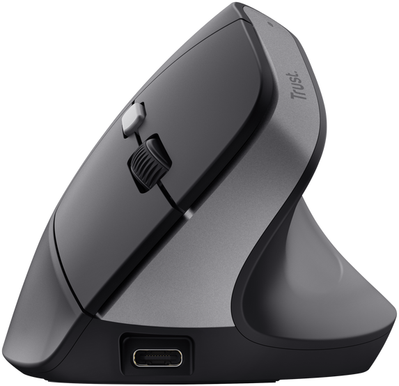 Fekete-szürke ergonomikus függőleges egér USB-C porttal.