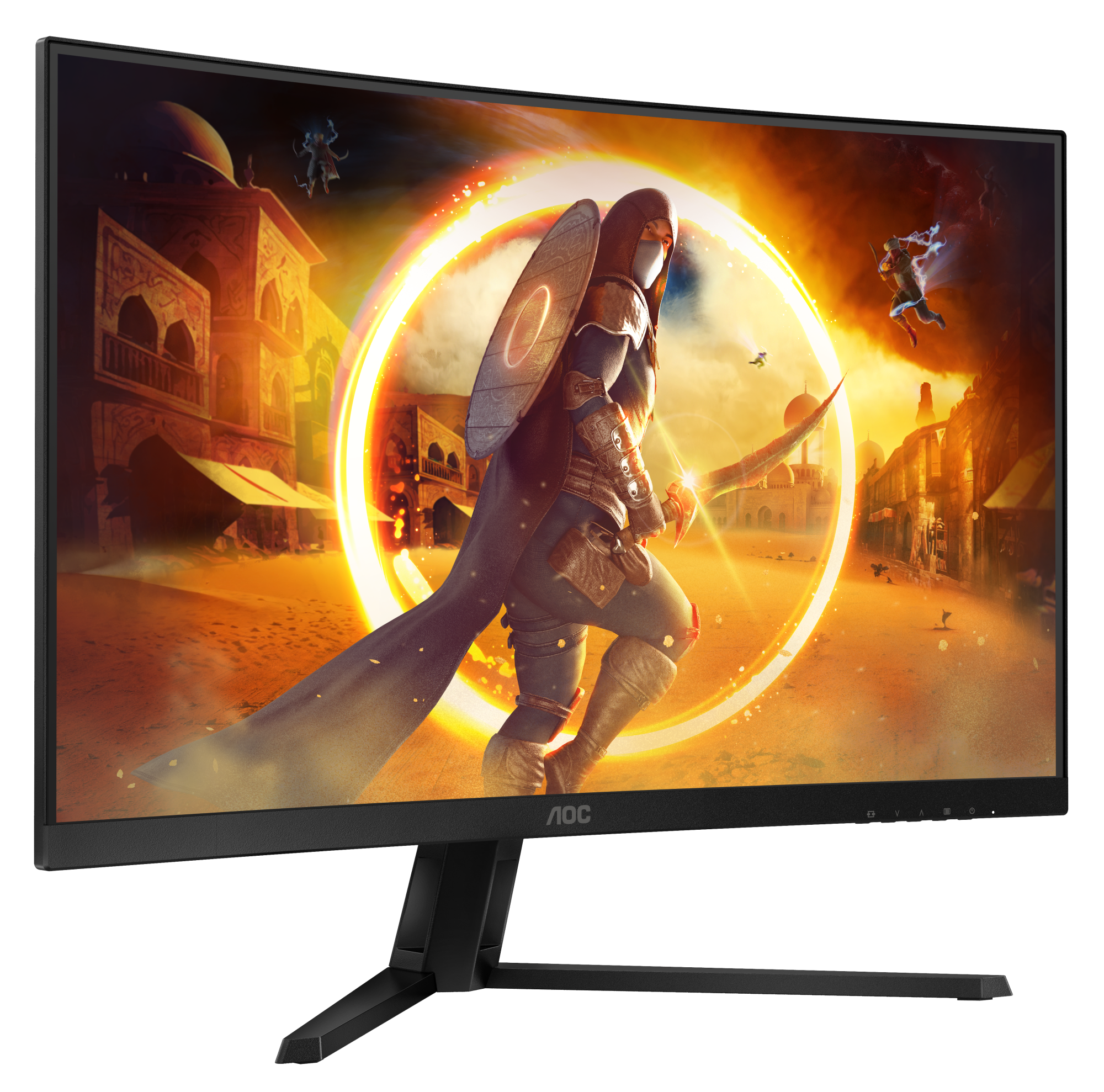 Ein Gaming-Monitor zeigt eine Fantasy-Szene mit Krieger, Gebäuden und einem leuchtenden Portal.