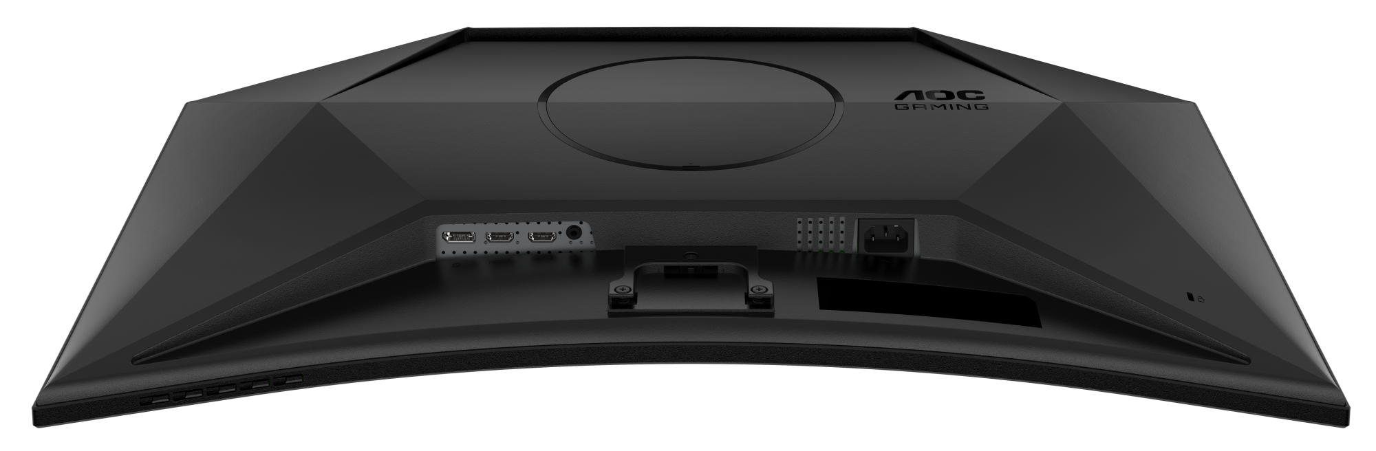 Rückseite eines schwarzen Gaming-Monitors mit Anschlüssen und Steckern, AOC Gaming Logo.