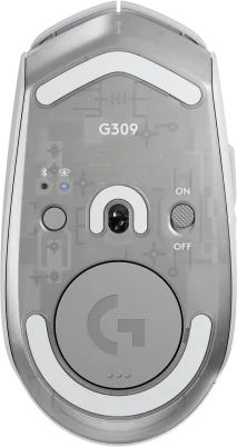 Logitech G309 gaming egér alulnézete gombokkal és logóval.