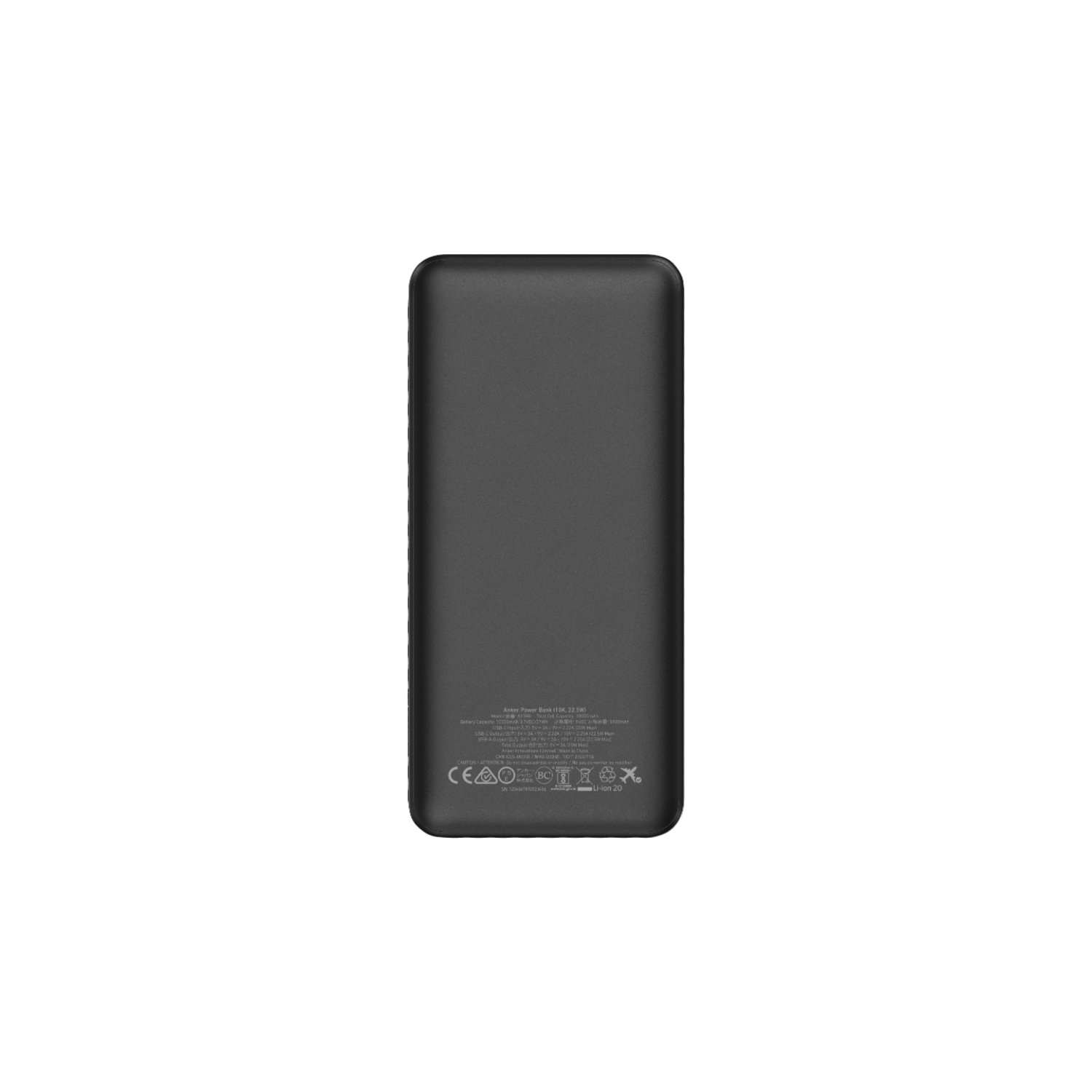 Een zwarte powerbank, met zichtbare labels en specificaties.