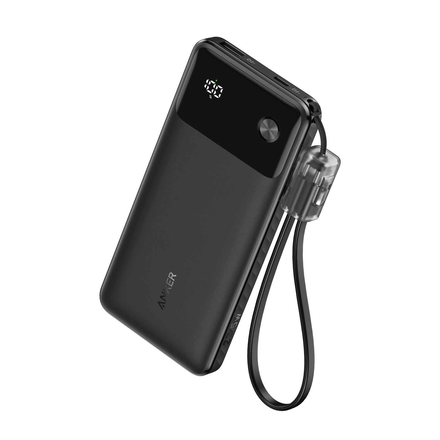Een zwarte powerbank met een digitale display die 100% toont, en een polsbandje.