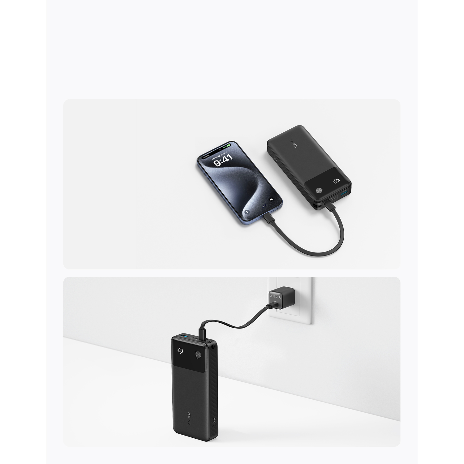 Telefoon en powerbank opladen. Een andere powerbank wordt opgeladen in een stopcontact.