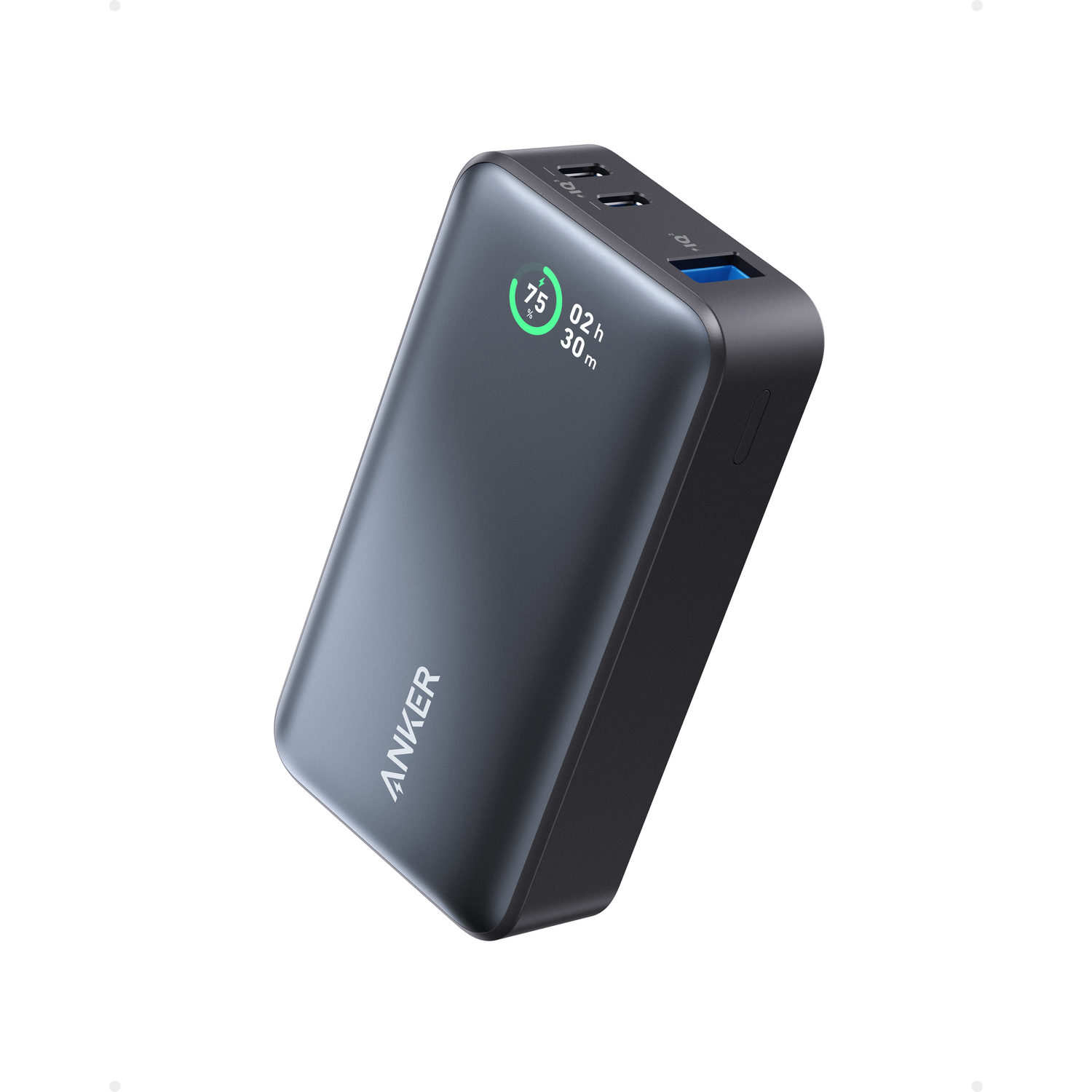 Dark gray power bank, showing the battery level and time, with 'ANKER' visible.