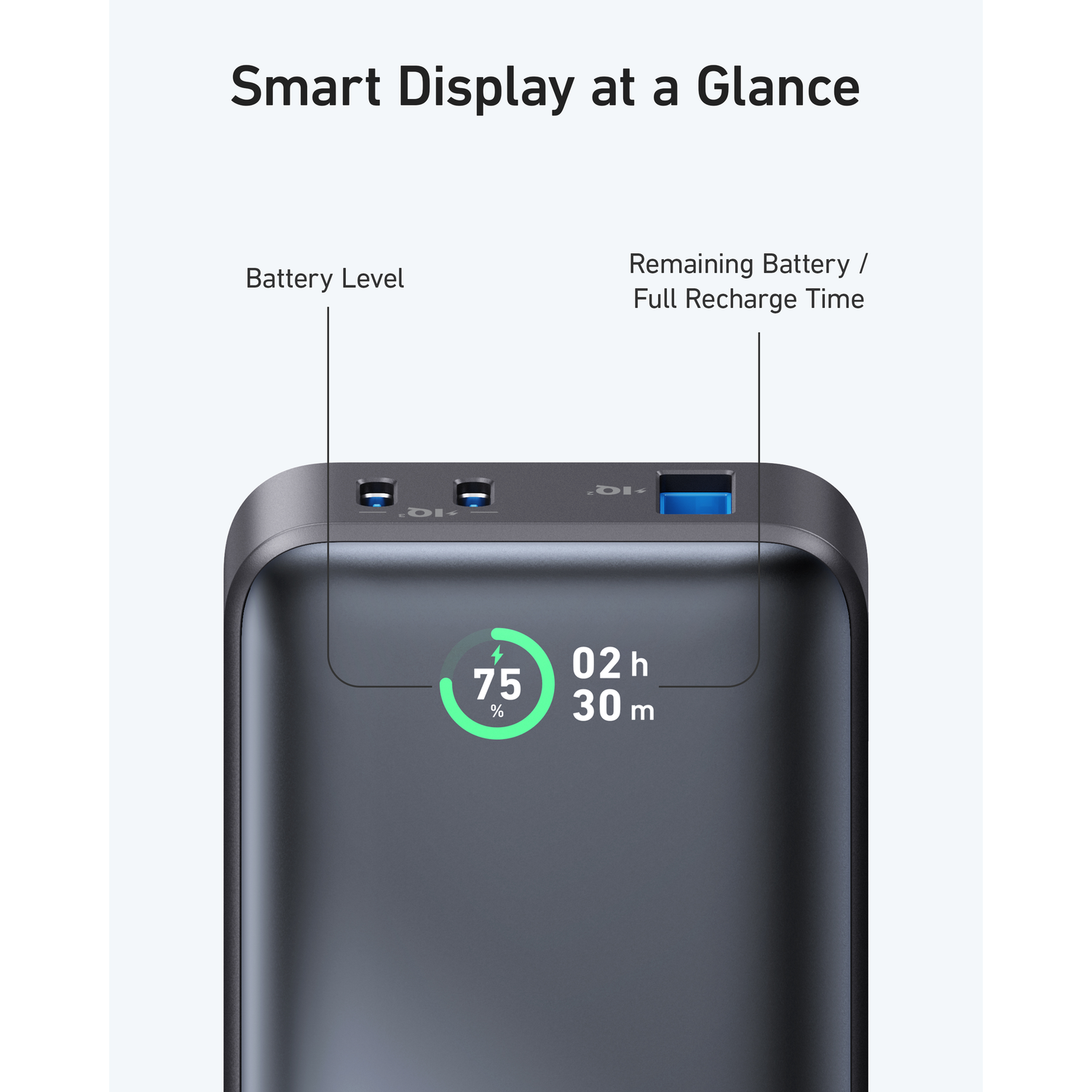 A black power bank with a screen showing battery level and remaining recharge time.