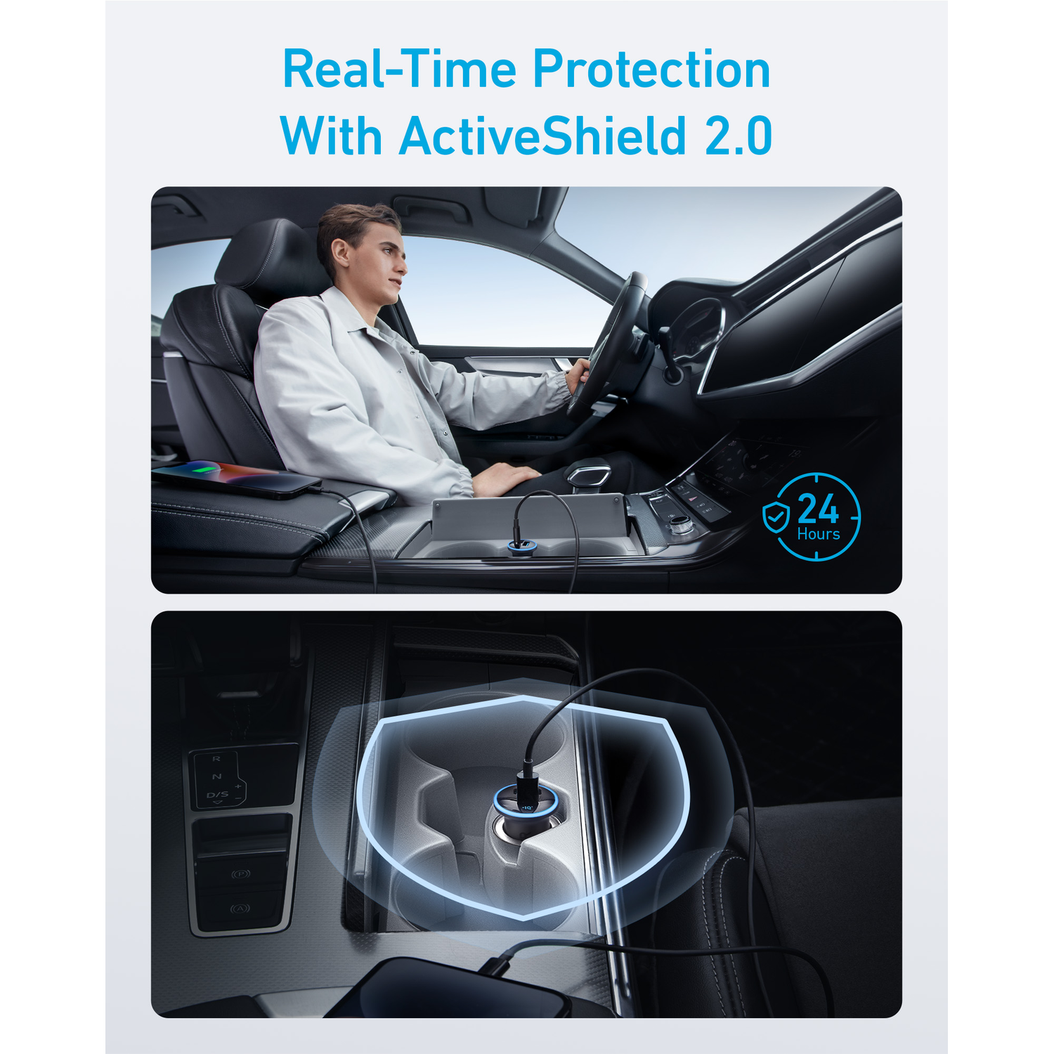 A man driving a car, charging a phone from a car charger. The image shows a blue shield icon.