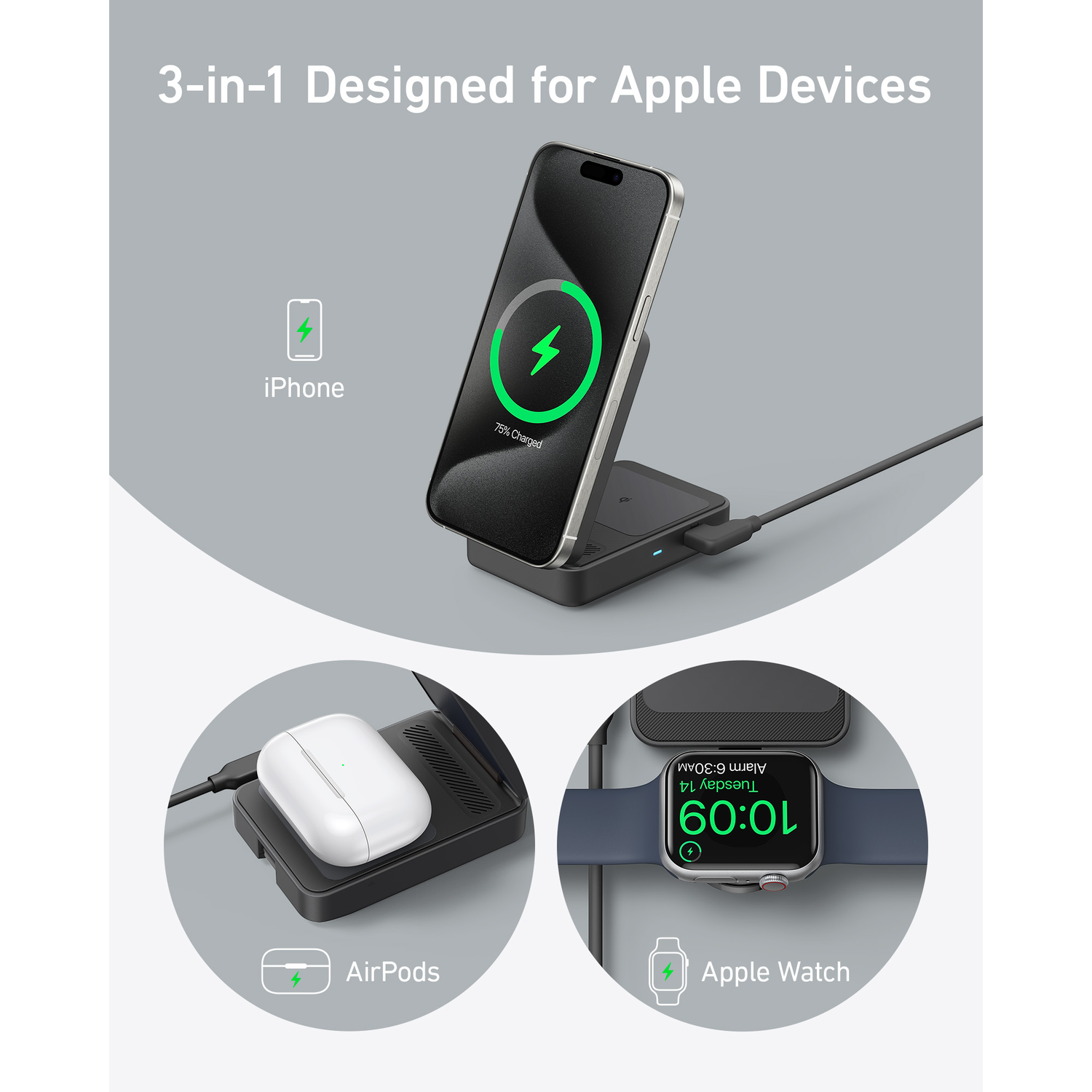 3-in-1 Apple device charger. iPhone, AirPods, and Apple Watch charging simultaneously. Black base, white background.