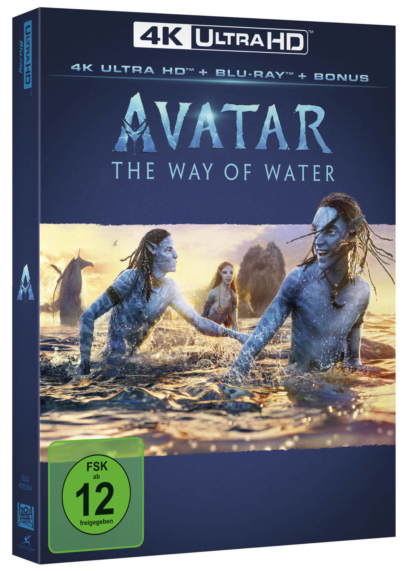 Avatar: The Way of Water Blu-ray-Box. Menschen im Wasser, Blautöne. FSK 12 Label.