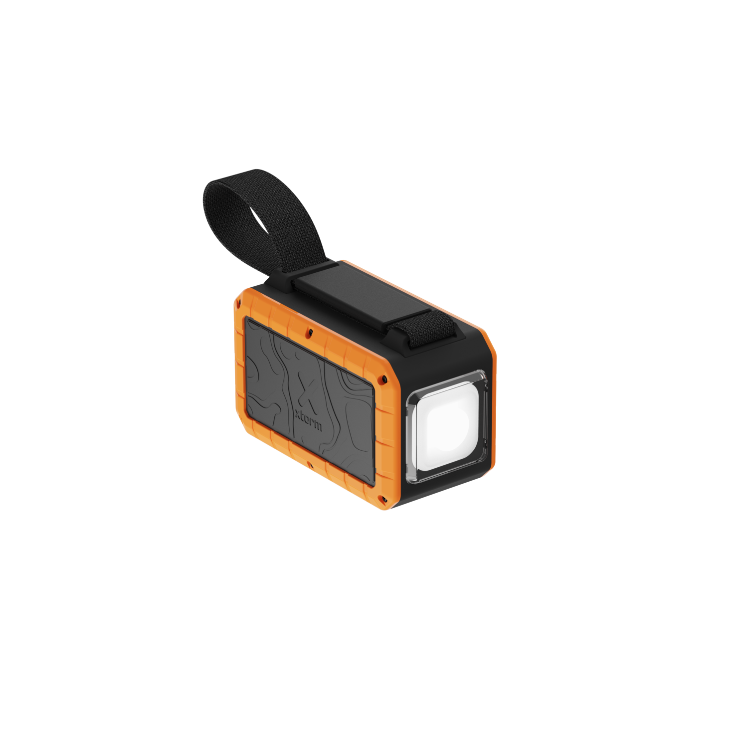 Lumière portable orange et noire avec une sangle de transport.