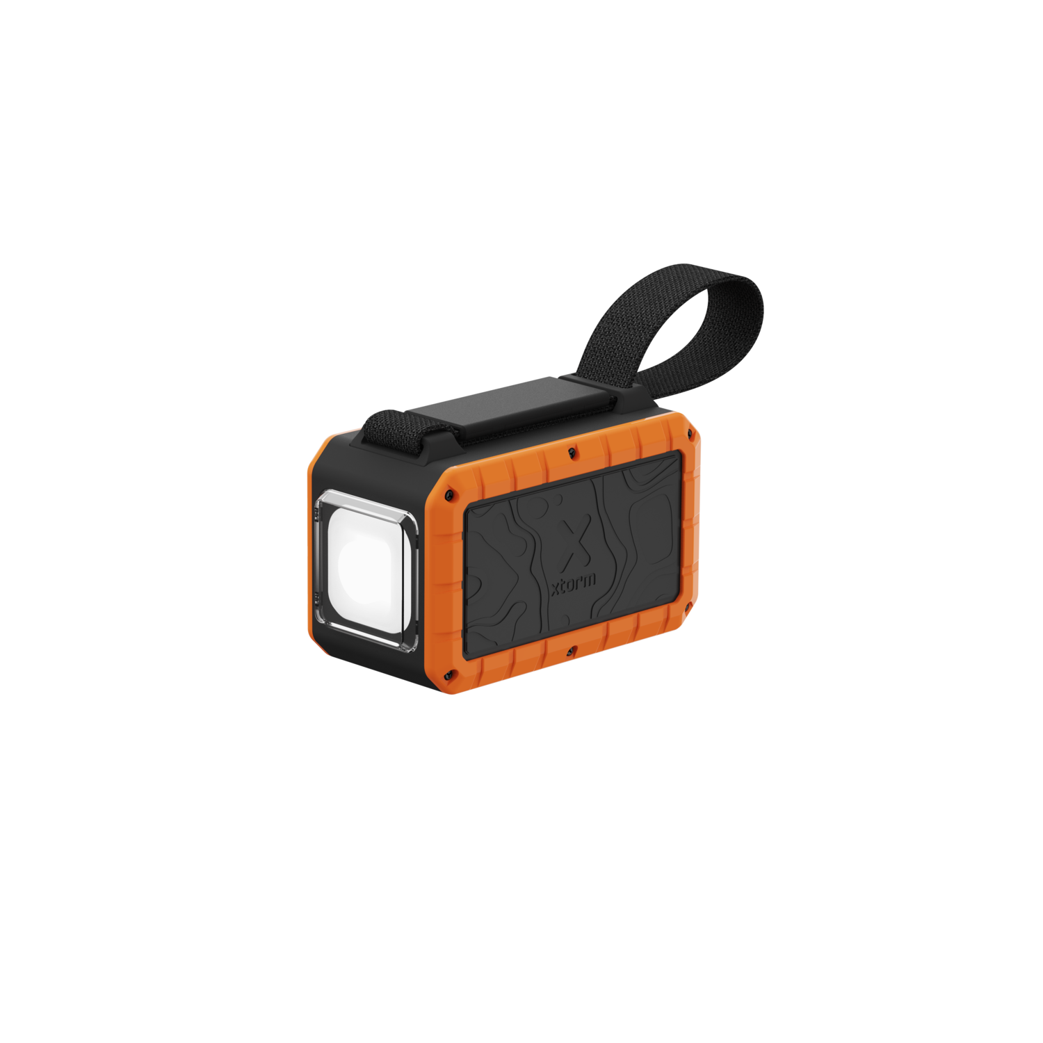 Une enceinte portable rectangulaire orange et noire avec une poignée, sur fond noir.