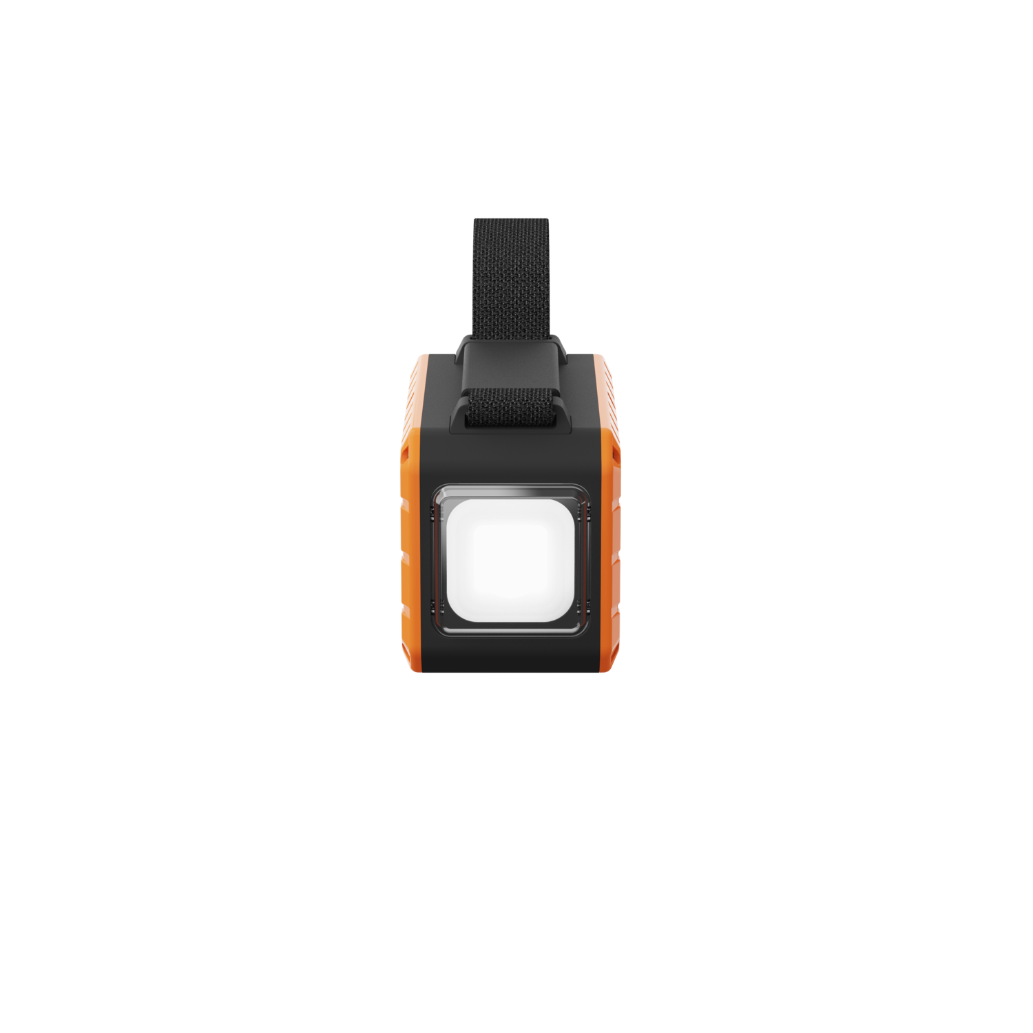 Lampe de poche noire et orange avec une sangle, allumée.