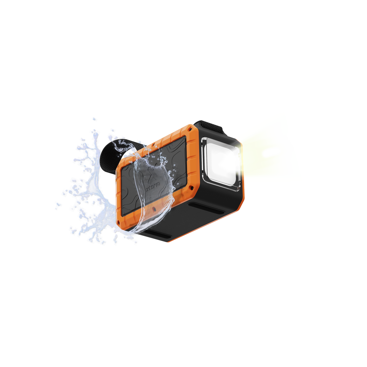 Montre étanche orange et noire avec effet d'éclaboussures d'eau et lumière vive. Fond noir.