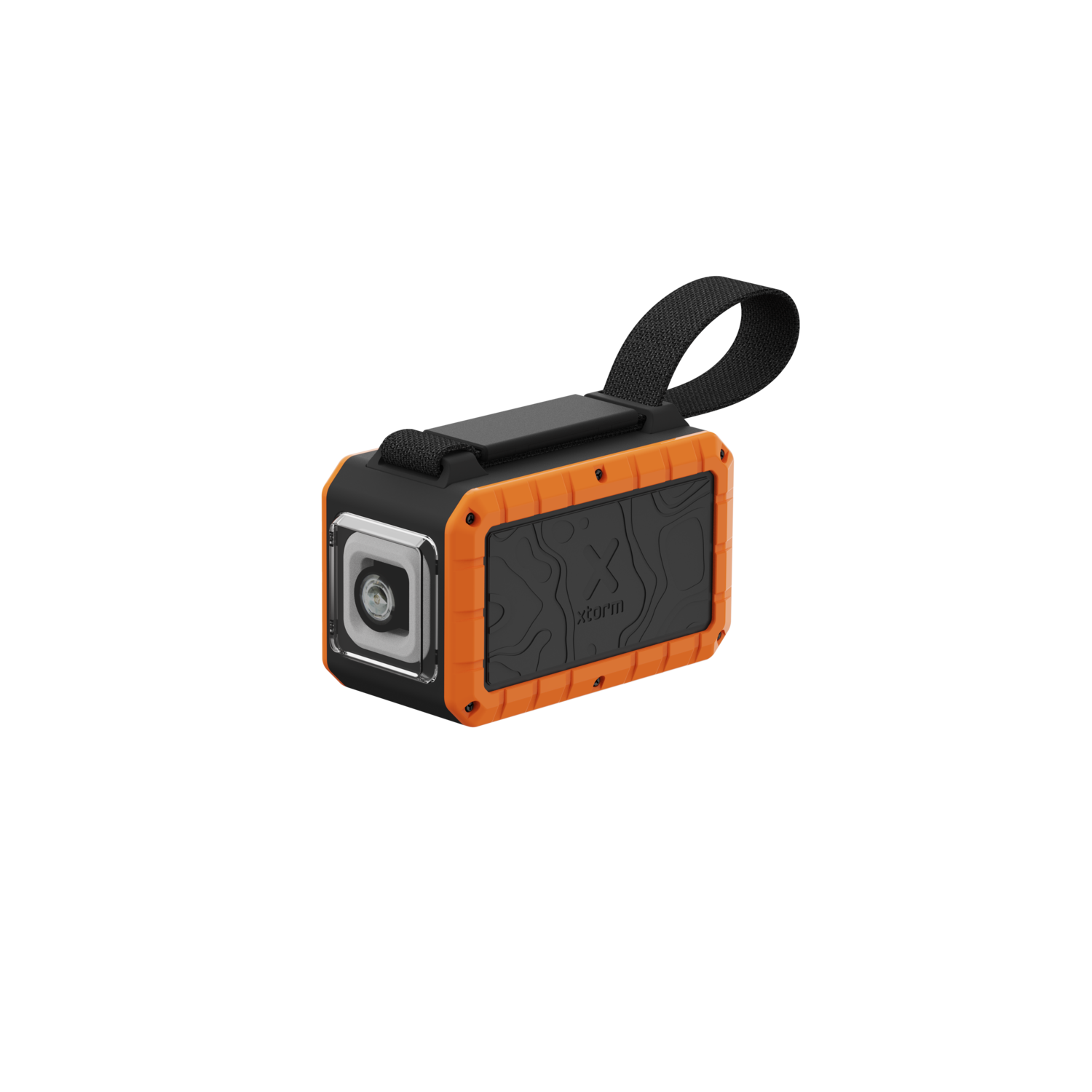 Un haut-parleur robuste noir et orange avec une sangle. Le logo 'xorm' est affiché.