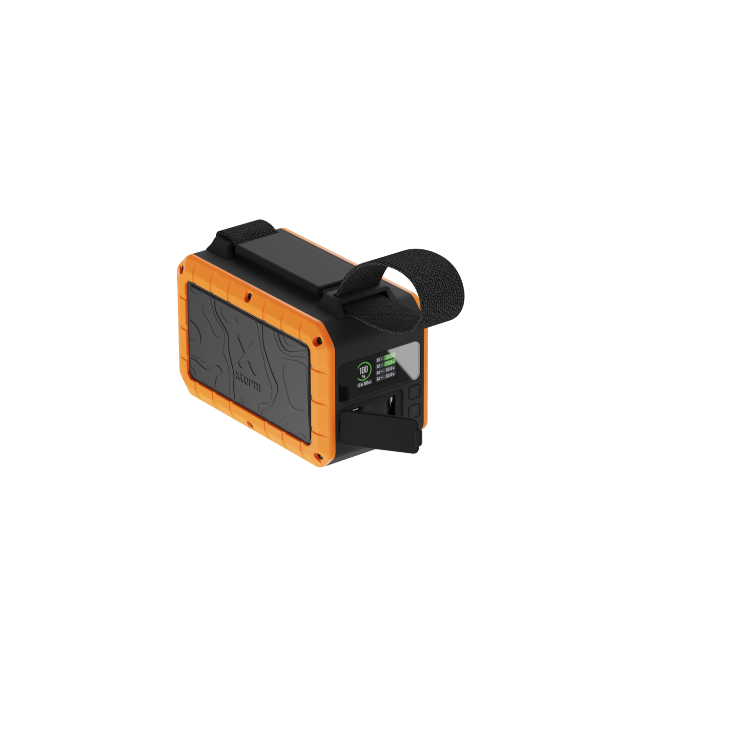 Une station d'alimentation portable orange et noire avec une poignée noire. Sur fond noir.