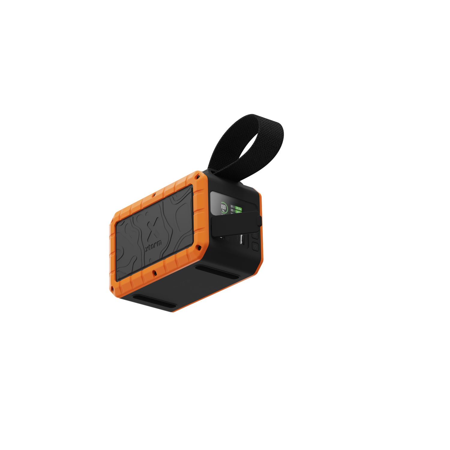 Une enceinte portable orange et noire avec une poignée et des boutons noirs.