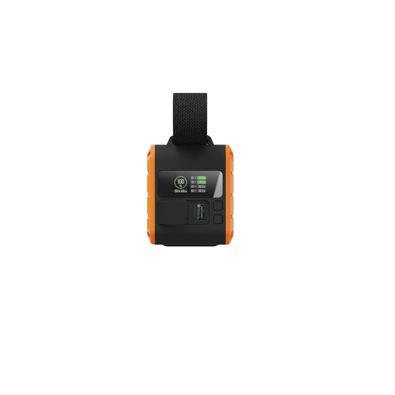 Batterie externe orange et noire avec écran affichant le niveau de batterie et les ports.