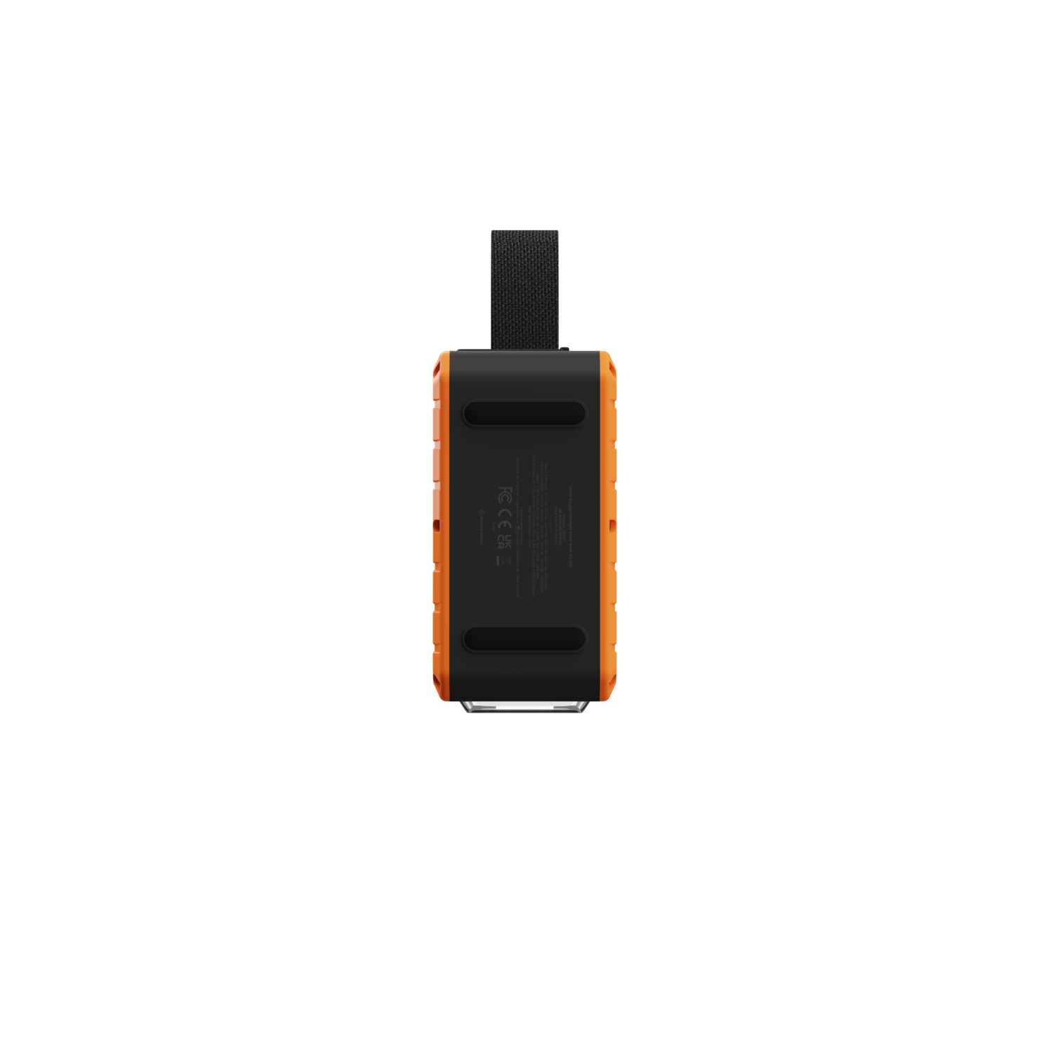 Appareil rectangulaire orange et noir avec poignée noire, sur fond noir.