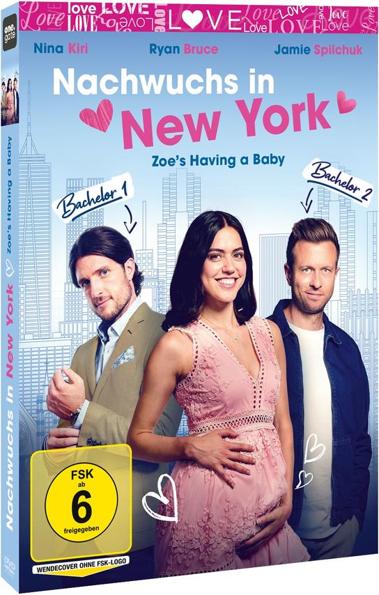 Filmcover, Frau in rosa Kleid mit zwei Männern. Text: Nachwuchs in New York.