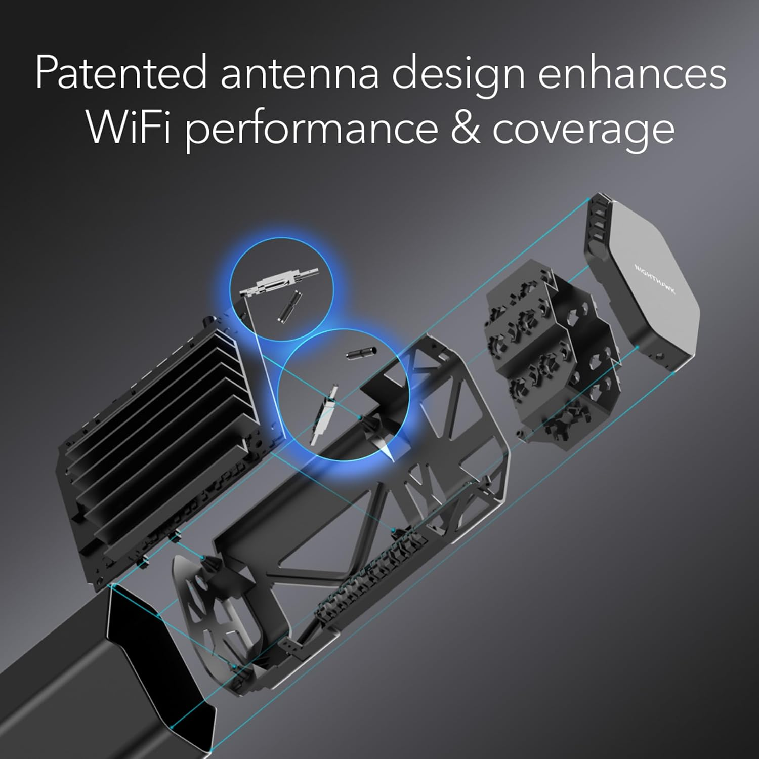 Diagramm eines Netzwerkgeräts, das interne Komponenten zeigt. Text: 'Patentiertes Antennendesign verbessert die WLAN-Leistung'.