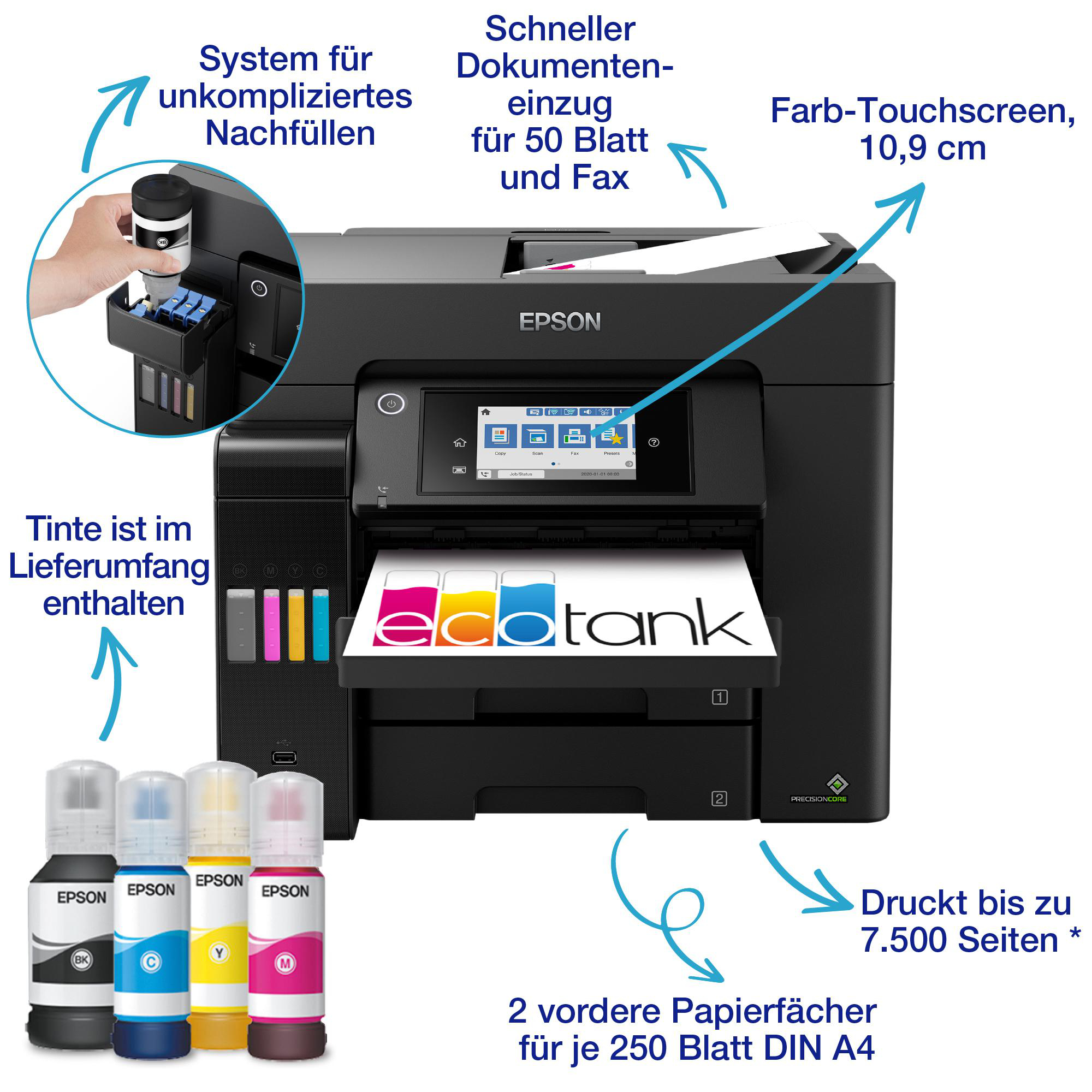 Epson-Drucker mit Tintenflaschen, Touchscreen und Funktionen. Enthält Papierfächer und druckt bis zu 7.500 Seiten.