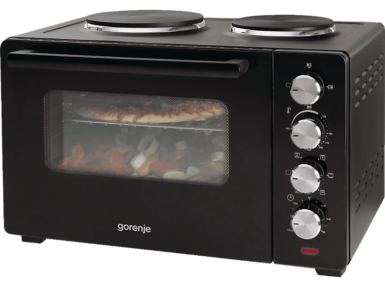 GORENJE OM30 GBX Mini Backofen mit 2 Kochplatten, 30 Liter, Drehspieß