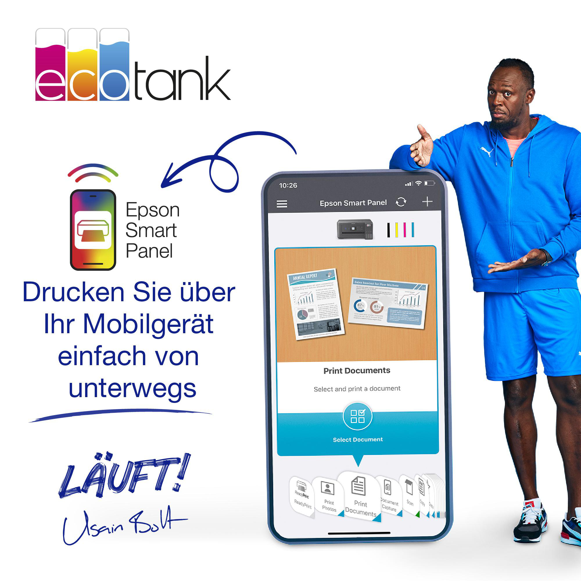 Usain Bolt demonstriert Epson Smart Panel auf einem Telefon.