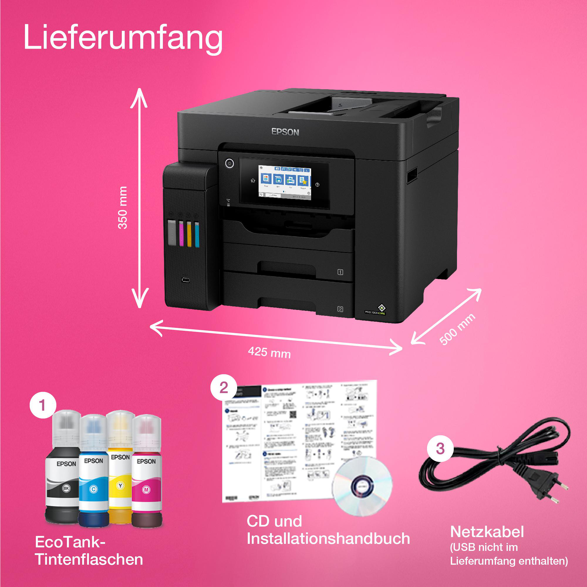 Ein Epson-Drucker, Tintenflaschen, eine CD und ein Netzkabel. Abmessungen und Beschriftungen sind sichtbar.