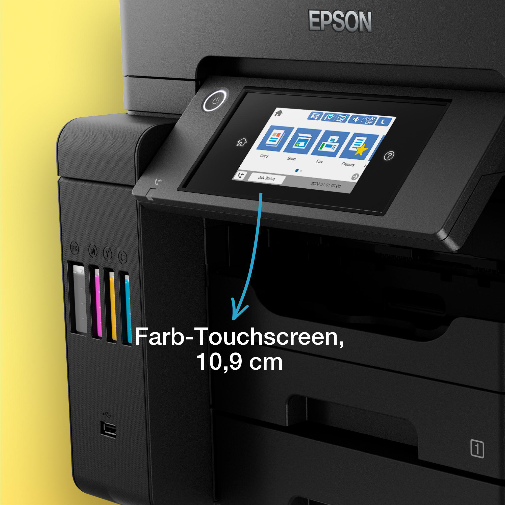 Epson-Drucker, Nahaufnahme des Touchscreens, zeigt die Oberfläche. Gelber Hintergrund.