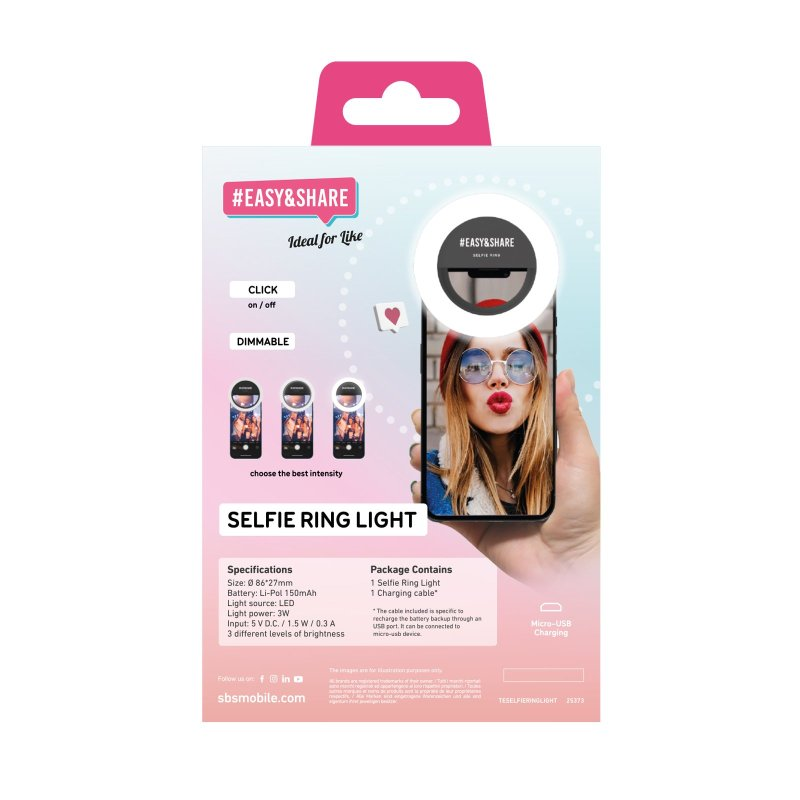 Selfie-Ringlicht-Box. Eine Frau hält ein Telefon mit eingeschaltetem Ringlicht. Spezifikationen sind aufgelistet.