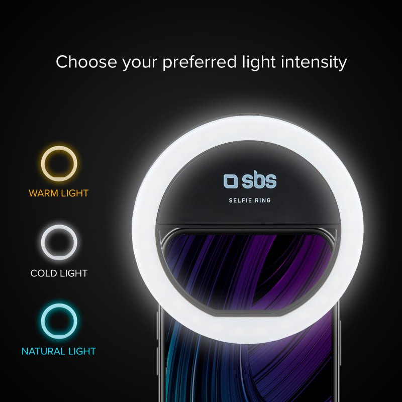Selfie-Ringlicht mit Optionen für warmes, kaltes und natürliches Licht. Ein Telefon befindet sich in der Mitte.