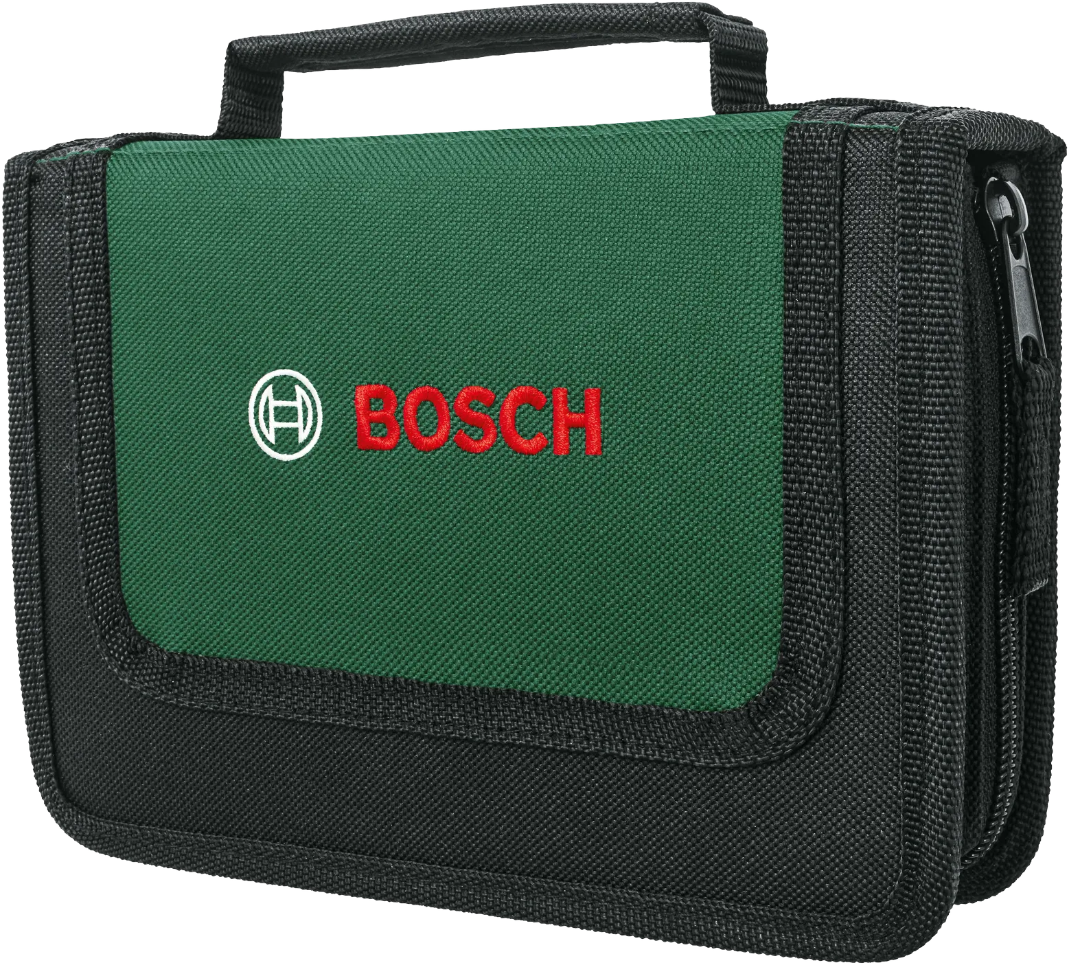 Zöld-fekete Bosch szerszámtáska, Bosch logóval és a Bosch szóval.