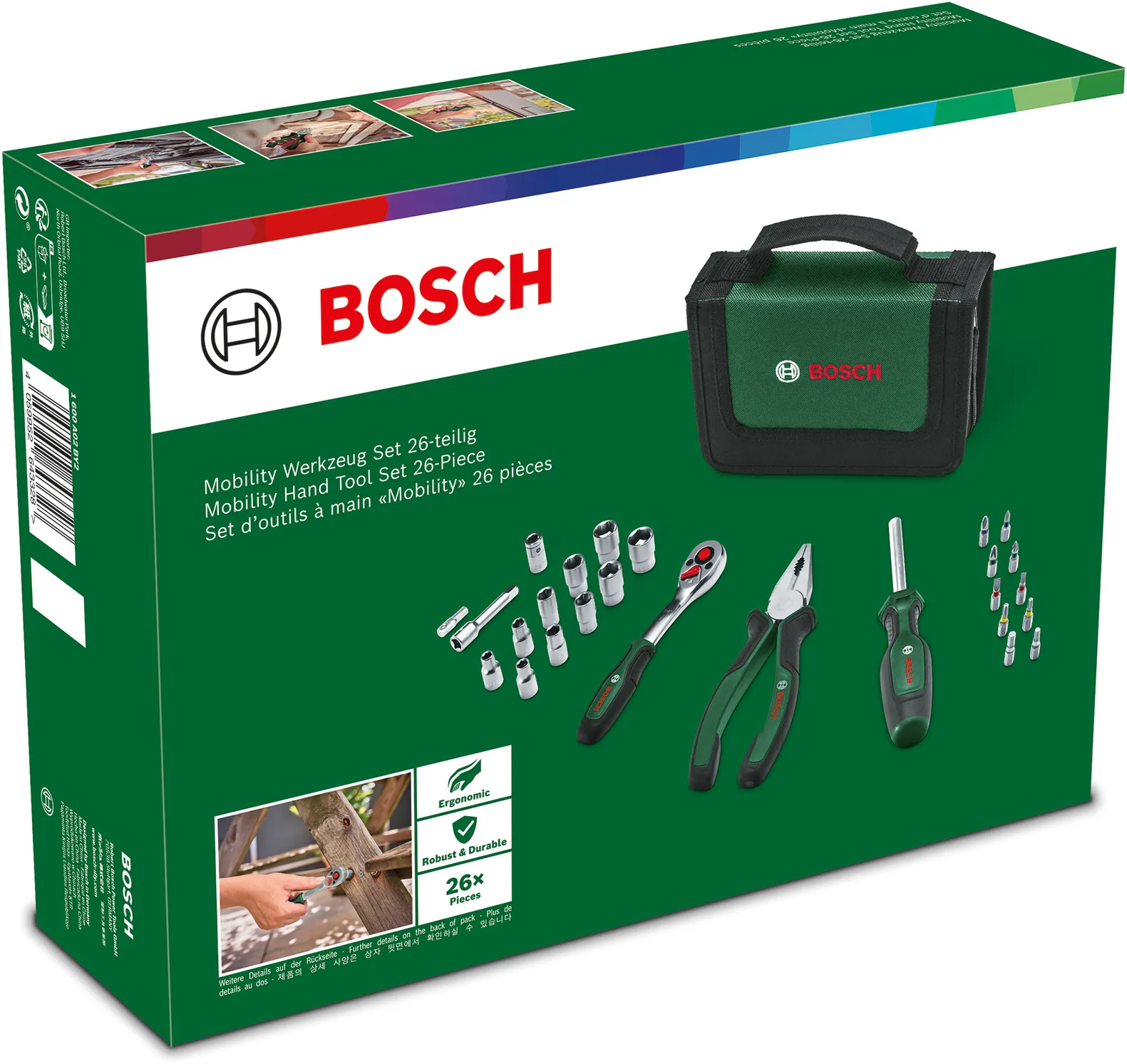 Bosch szerszámkészlet doboz, szerszámokkal, zöld és fekete, szerszámok használat közbeni képével.