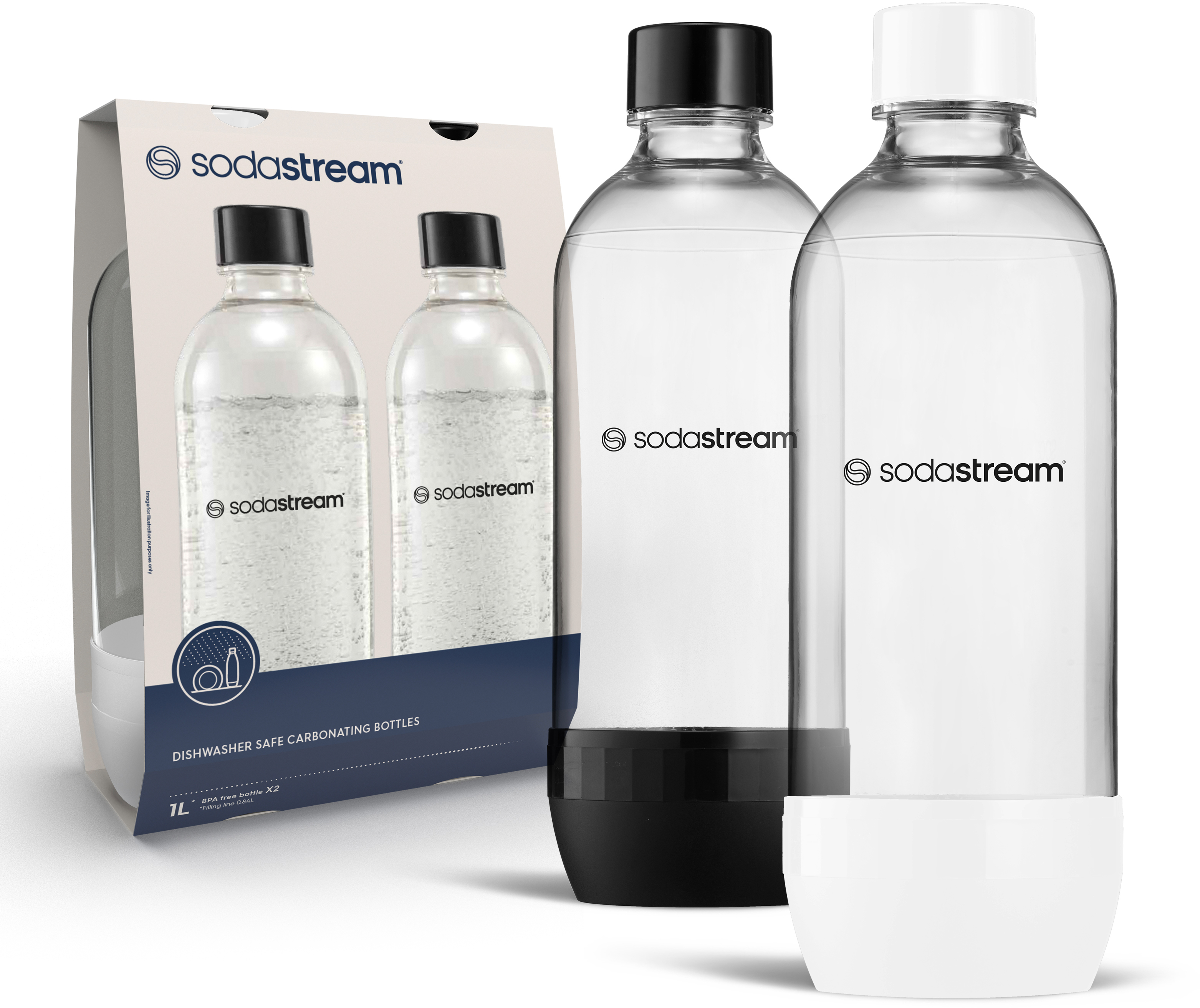 SodaStream palackok szénsavas vízzel, kettő fekete kupakkal, egy fehér kupakkal és csomagolással.