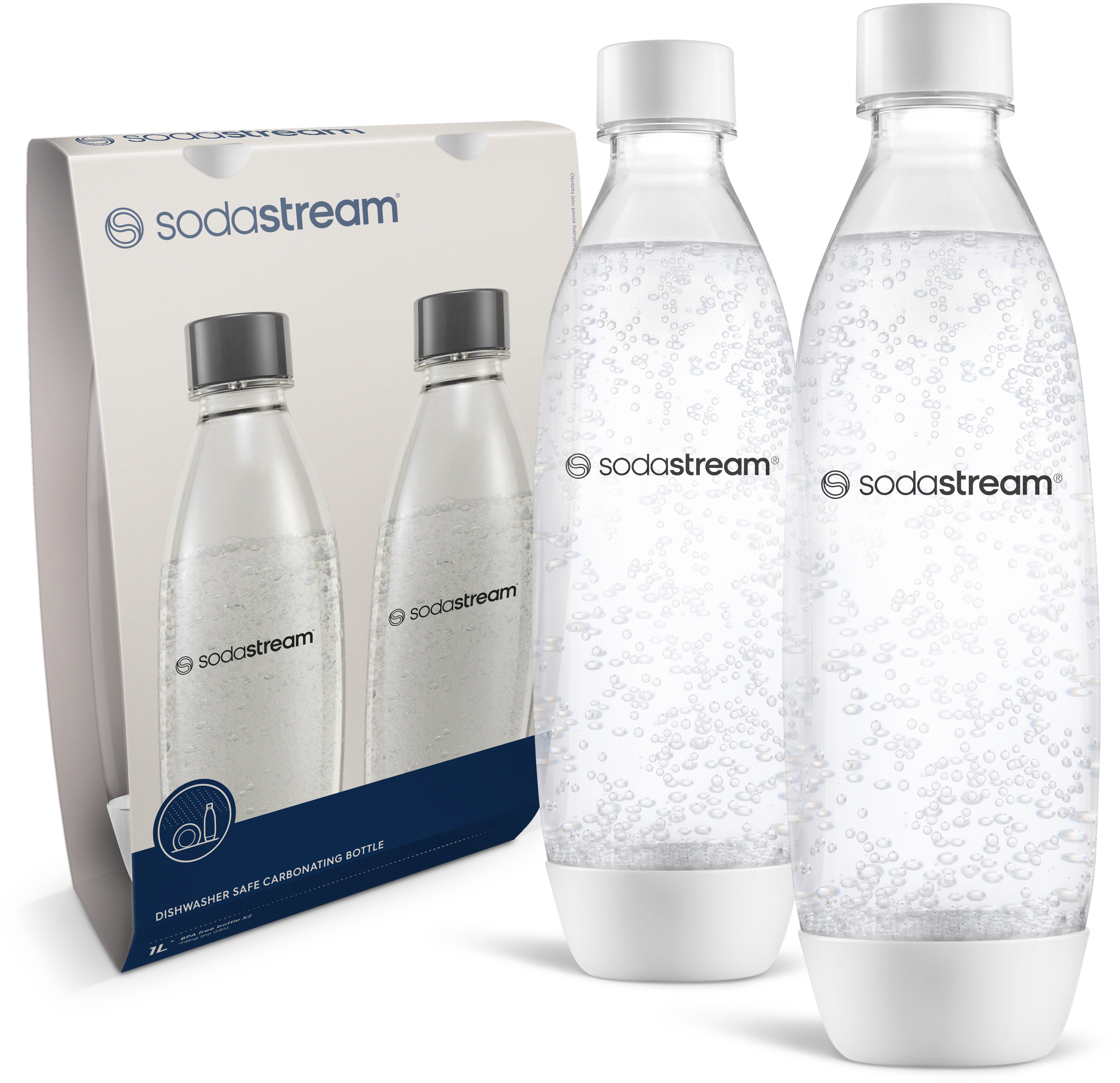 SodaStream palackok dobozban, és két tele, vízzel és buborékokkal.