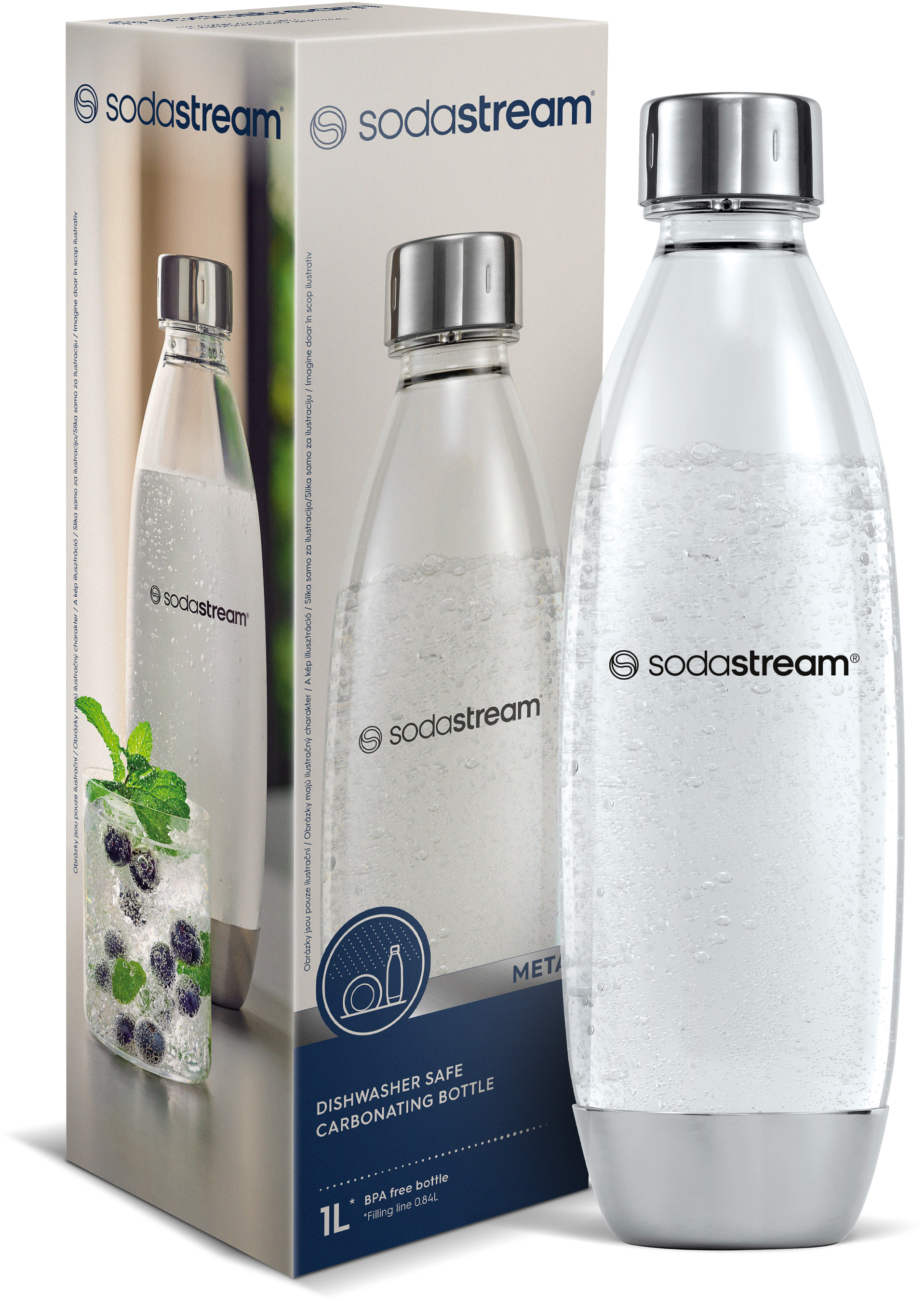 SodaStream szénsavasító palack és doboz. A palack buborékokat és fém alapot mutat.