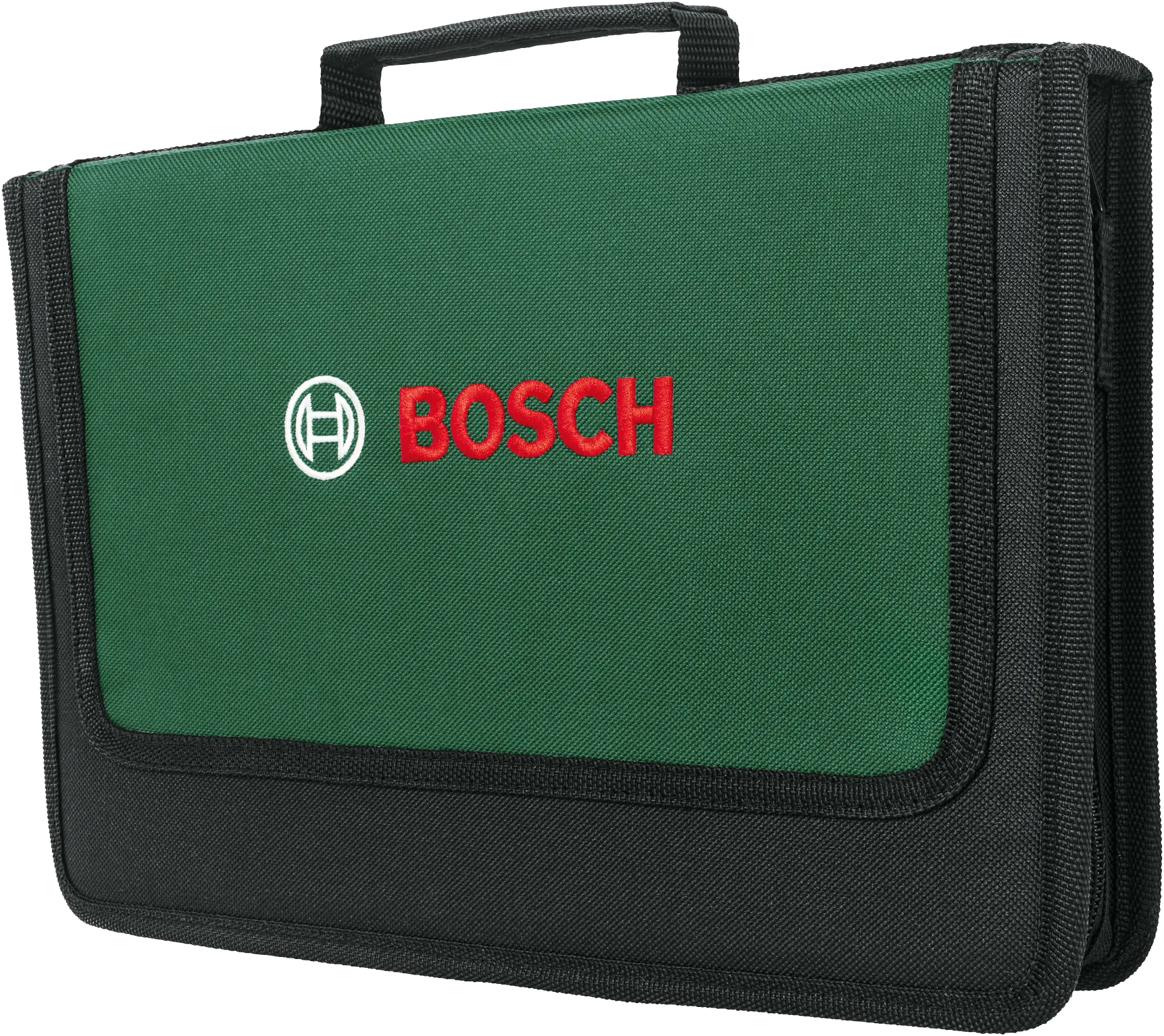 Zöld Bosch szerszámtáska fehér Bosch logóval és piros felirattal. Fekete részletek a táska körül.