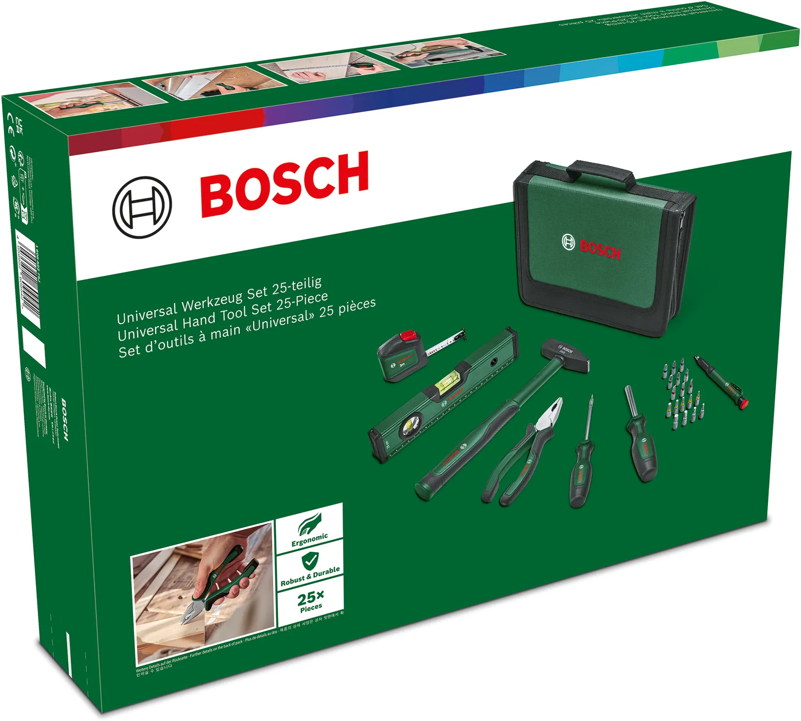 Bosch szerszámkészlet doboza. A szerszámok között van vízmérték, kalapács és csavarhúzók.