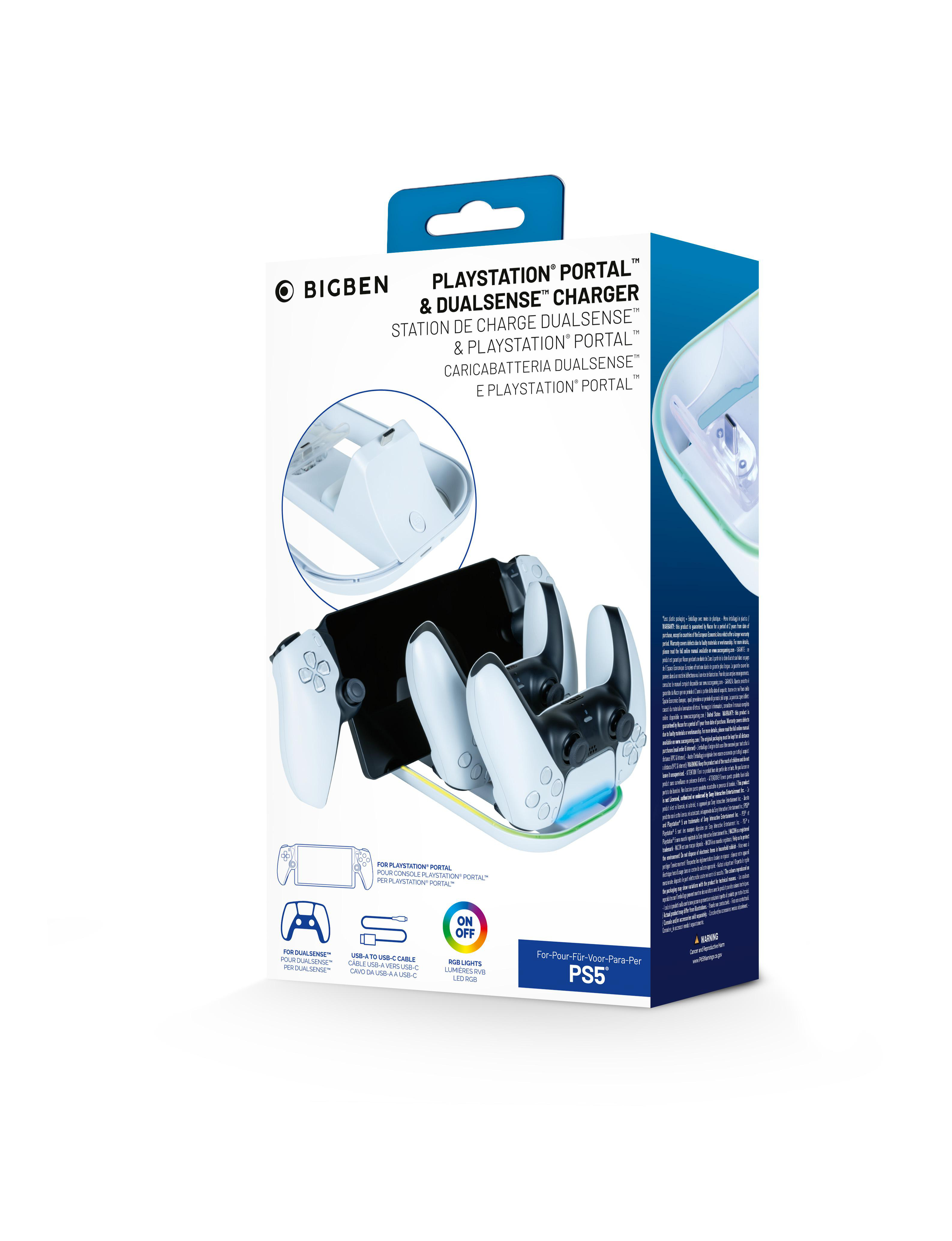 Eine PlayStation Portal & DualSense Ladegerät-Box. Die Box zeigt ein Ladegerät und PS5-Controller.
