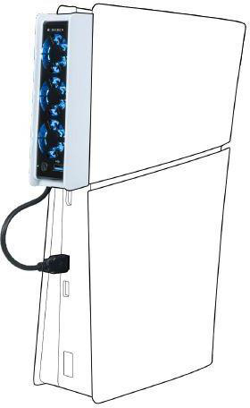 Strichzeichnung einer weißen Spielkonsole mit einem Kühlventilator.