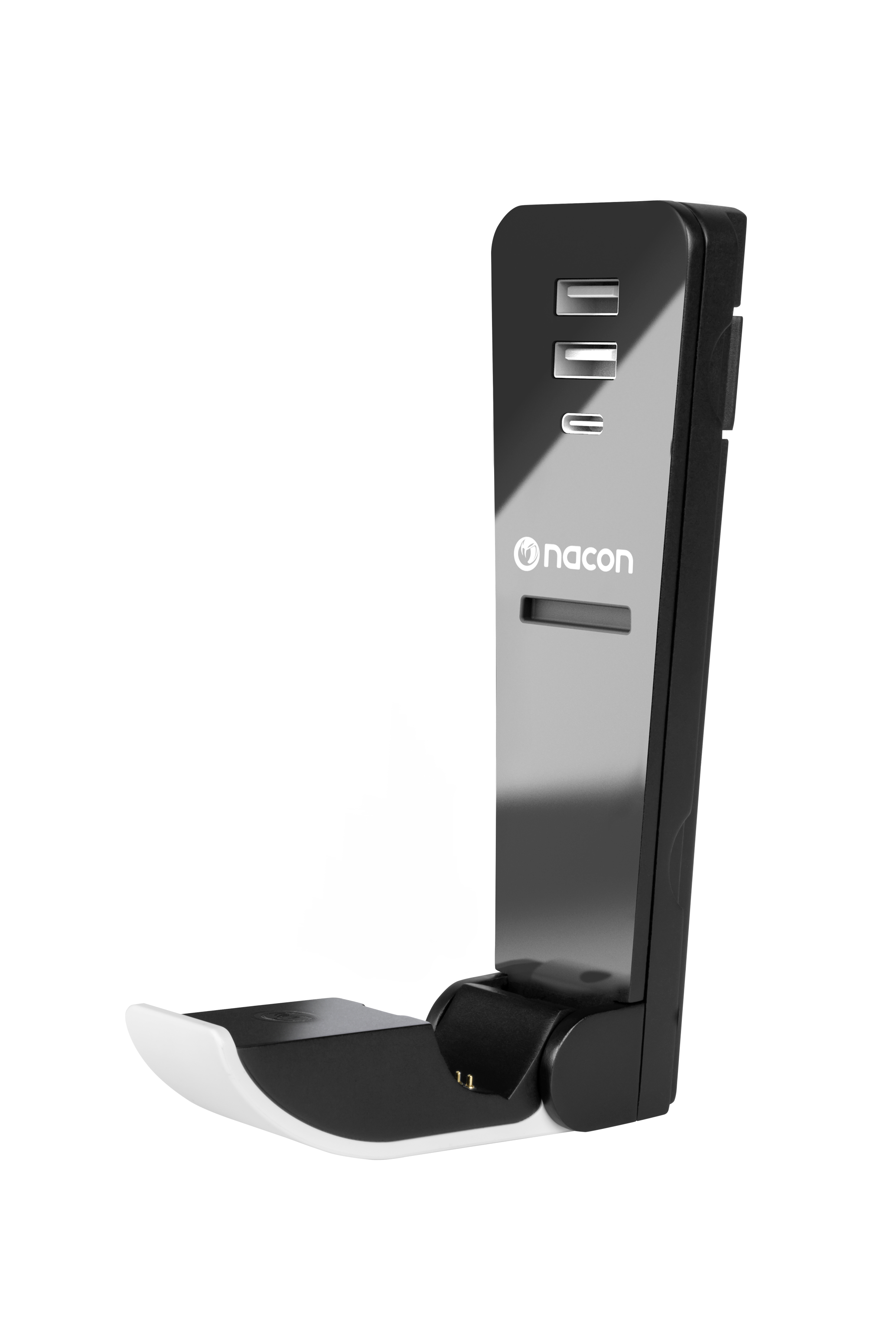 Ein schwarz-weißes Ladegerät mit USB-Anschlüssen.