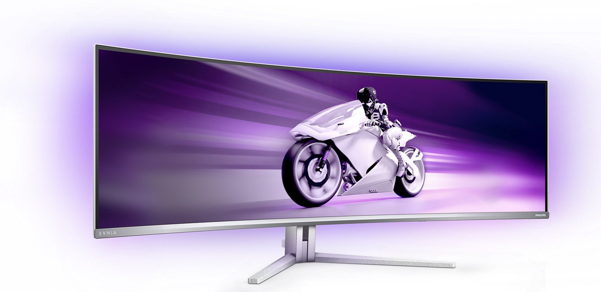 Gebogener Monitor mit Motorrad auf dem Bildschirm und einem Metallständer, mit lila Beleuchtung.