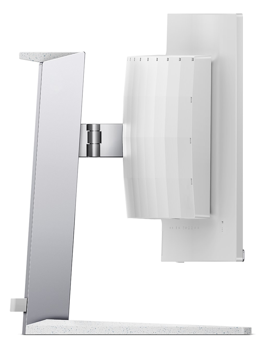 Ein weißer Monitor mit einzigartigem Ständerdesign, Seitenansicht.