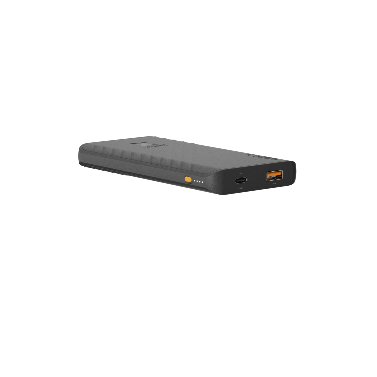 A black power bank with a charging port and a button. The background is black.