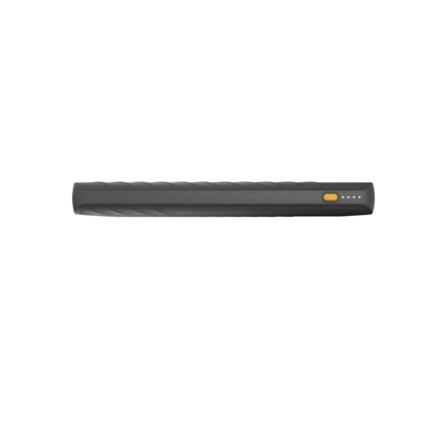 Black, rectangular power bank with an orange power button. Background is black.