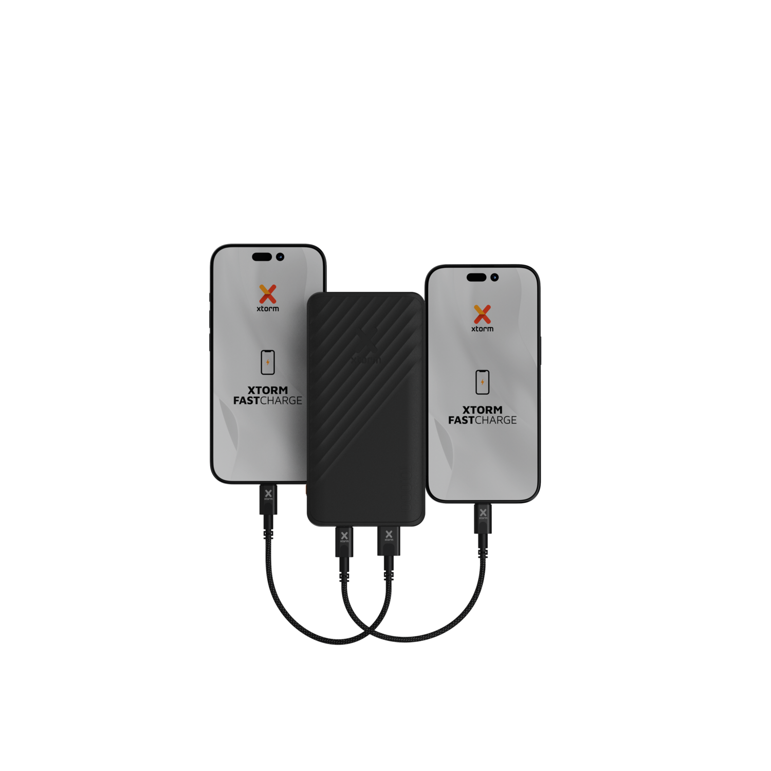 Three phones charging from a black power bank with cables. The brand xtorm is visible on the phones.