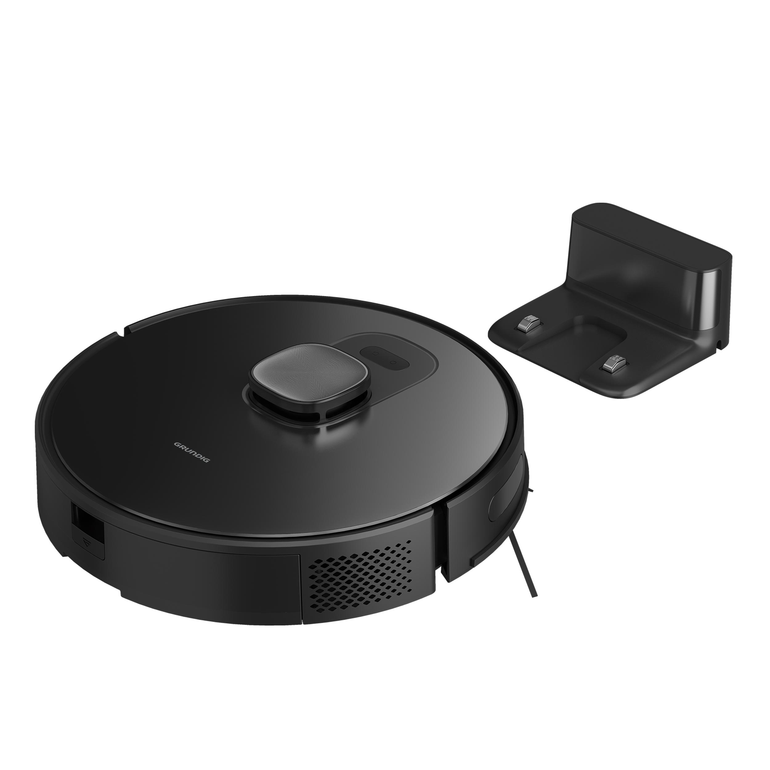 Schwarzer Roboter-Staubsauger und seine schwarze Ladestation, beide auf weißem Hintergrund. Modernes Design.