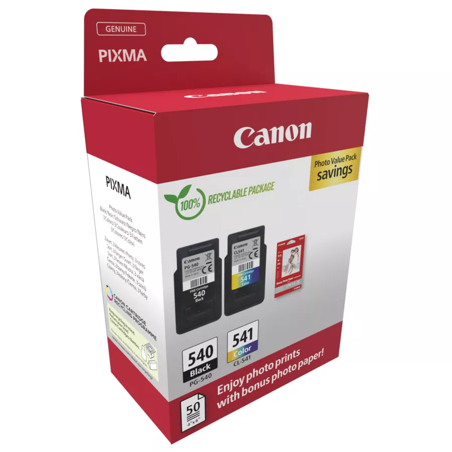 Caja de cartuchos de tinta Canon, roja y blanca, con dos cartuchos dentro.